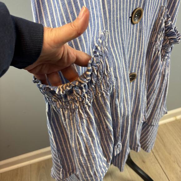 ForCynthia Striped Sleeveless Shirt Button Up Dress Linen Blend Ruched Pocket LG - Picture 7 of 10